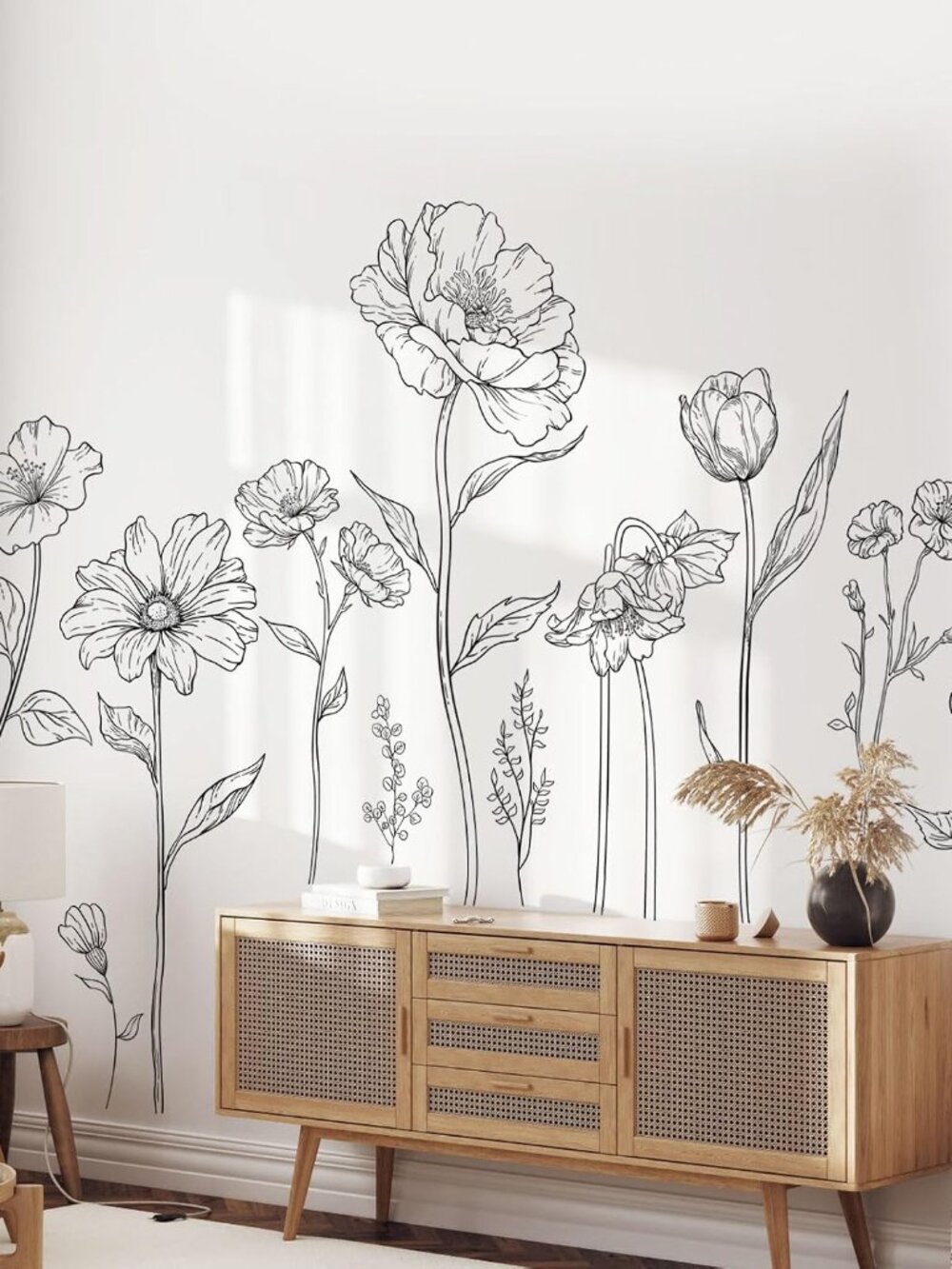 Large Black Boho Flower Wall Decals, 3 Sheets Simple Sketch Floral Wall Stickers